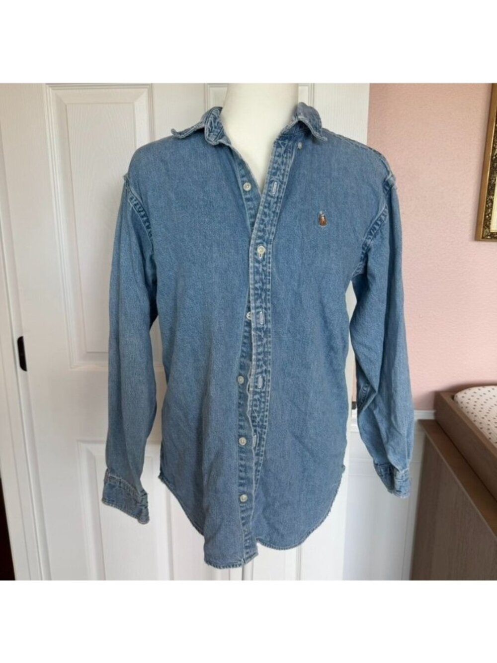 Ralph Lauren Cotton Medium Wash Blue Denim Button Down Shirt Size Large Classic